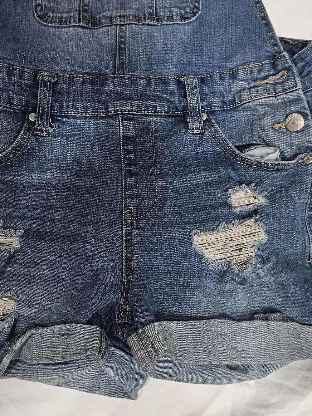 Blue Spice Light Blue Distressed Denim Short Overalls Bibs Size 5 Woman/juniors.